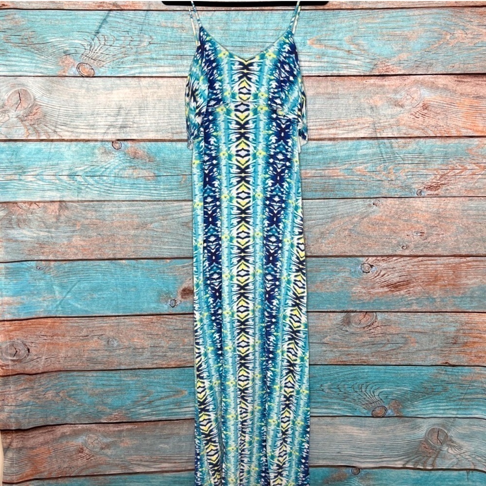 Tart Overlay Maxi Dress M Tie Dye Blue Long‎ Stretchy Spaghetti Strap Open Back